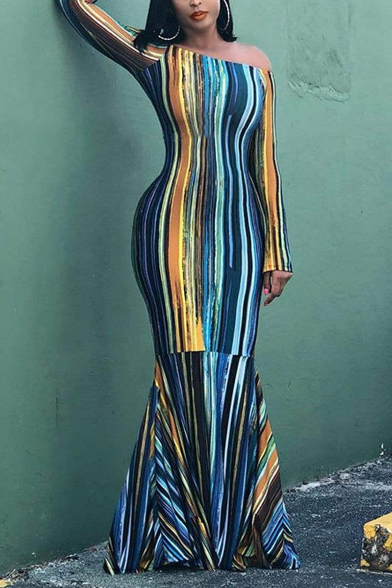 Fashion Striped Printing Slim Long Dress