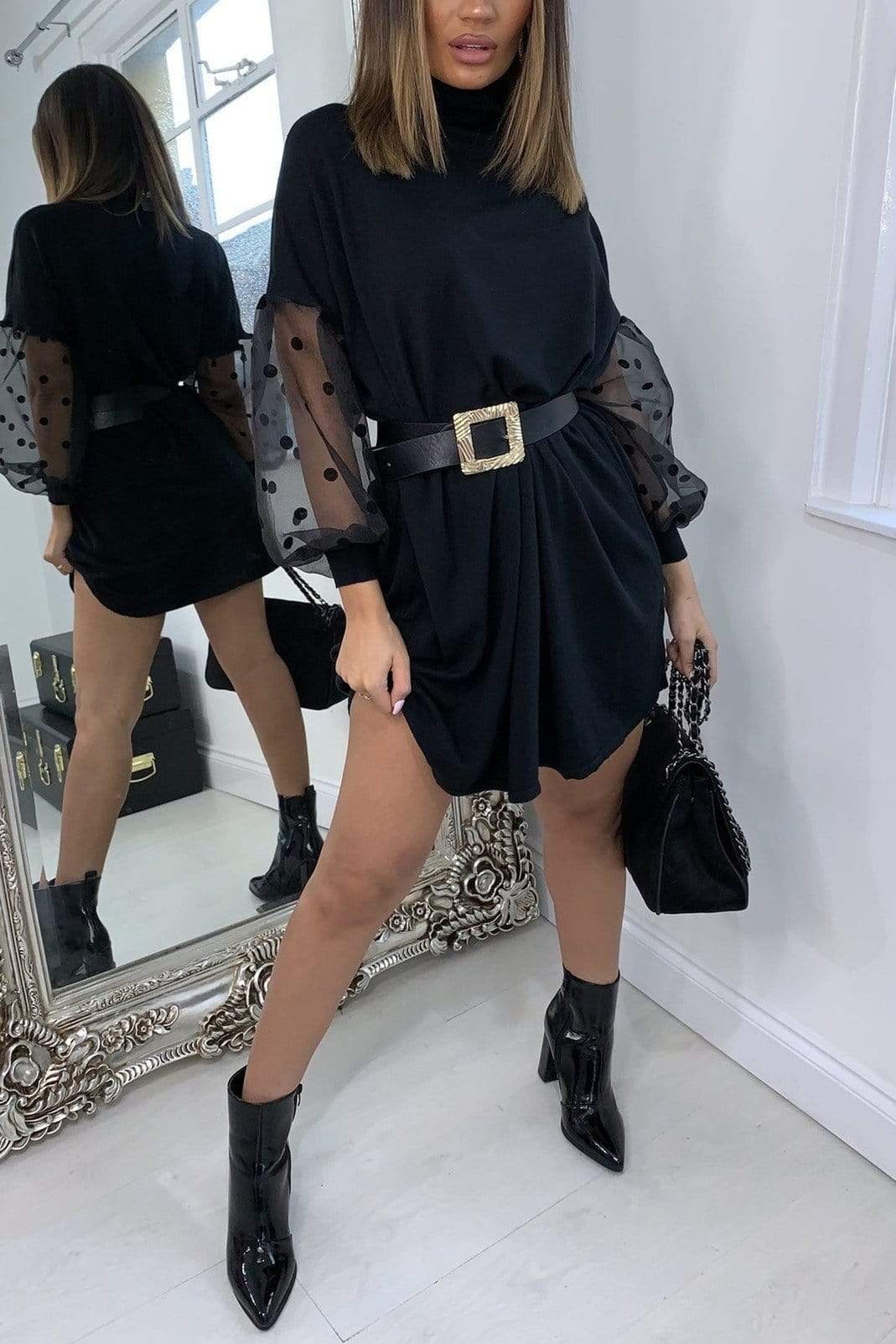 Fashion Mesh Puff Sleeve Dress (Without Belt)