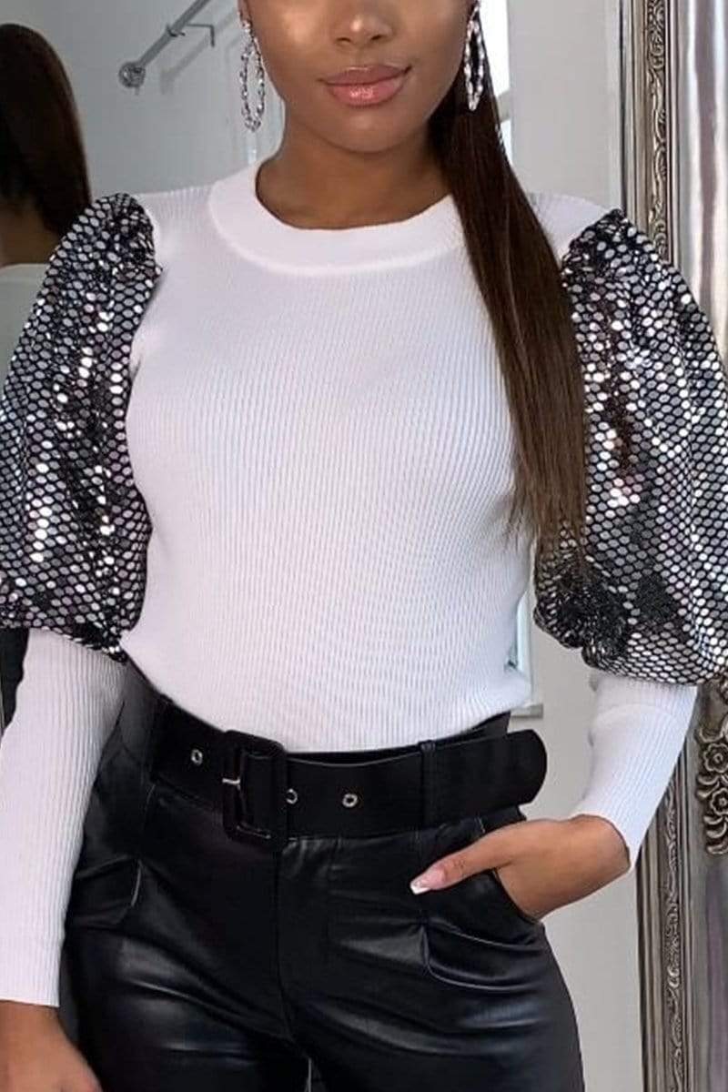 Fashion Stitching Sequin Puff Sleeve Top