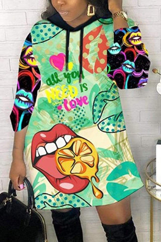 Sexy Fashion Lip Printing Hoodie Dress