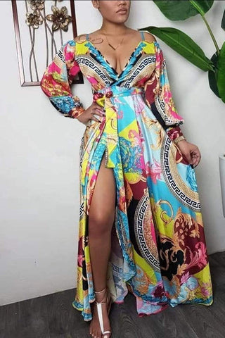 Sexy Off Shoulder Printing Multicolor Dress