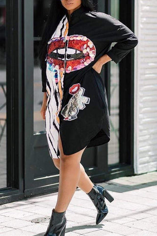 Fashion Lips Printing Shirt Dress