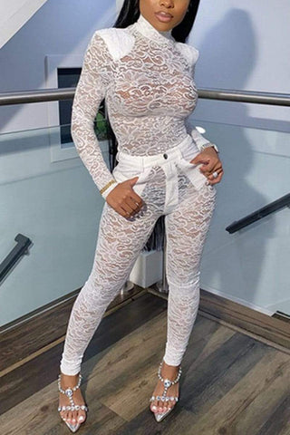 Sexy Turtleneck Perspective Lace Suit