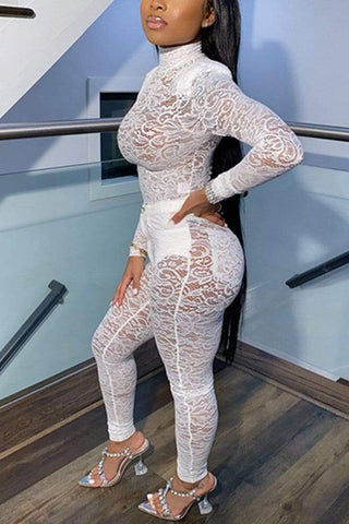 Sexy Turtleneck Perspective Lace Suit