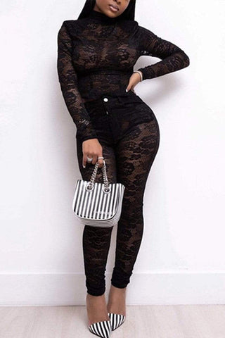 Sexy Turtleneck Perspective Lace Suit