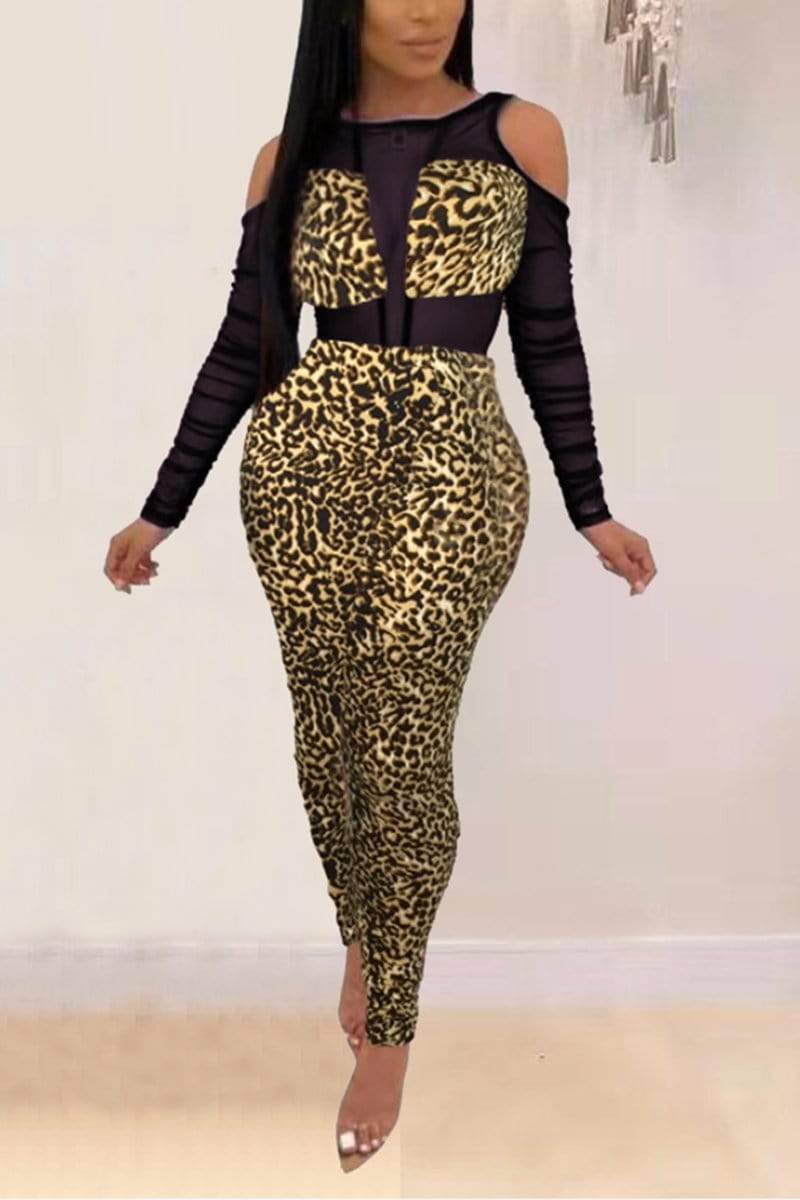 Sexy Mesh Stitching Leopard Print Jumpsuit