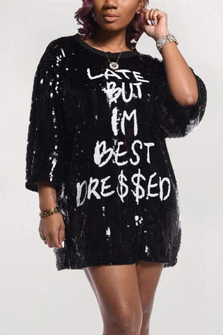 Fashion Letter Print Sequined Dress