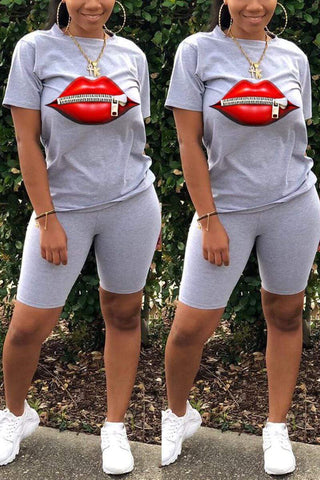 Casual Lips Print T-shirt Set