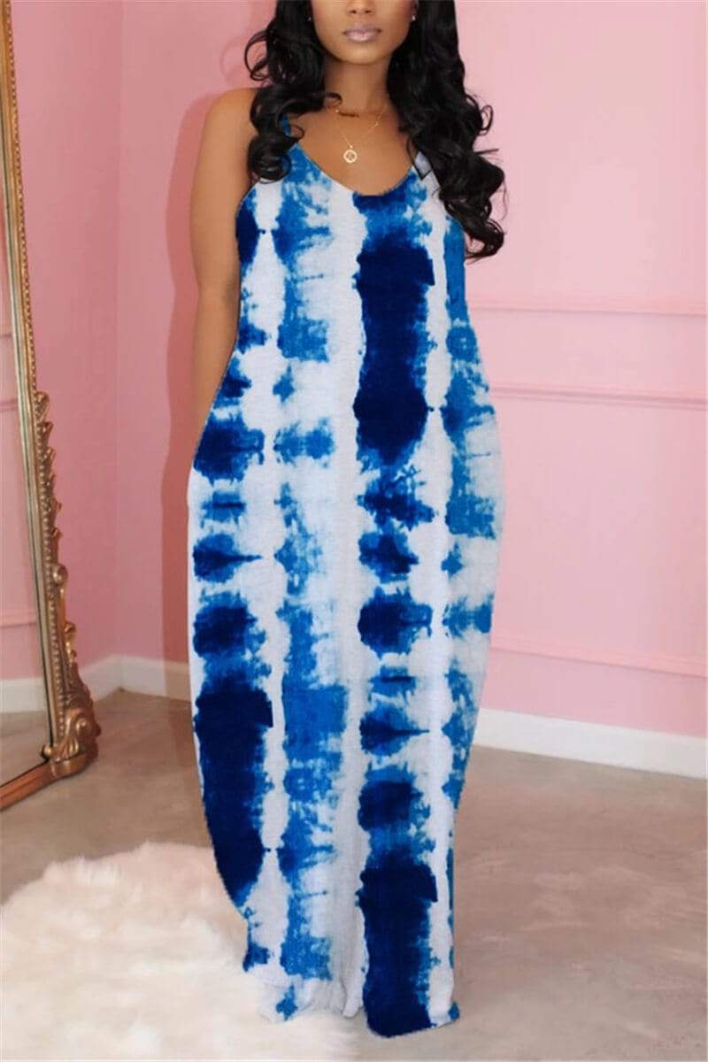 Sexy Tie-dye Printed Sling Maxi Dress