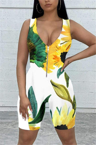 Sexy Zipper Design Printed Sleeveless Romper