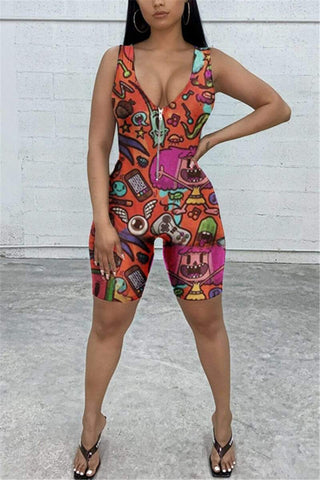 Sexy Zipper Design Printed Sleeveless Romper