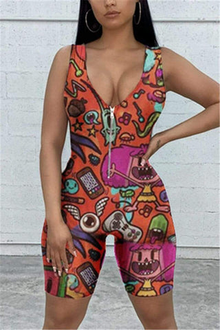 Sexy Zipper Design Printed Sleeveless Romper