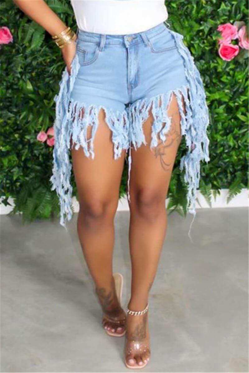 Sexy Mid Waist Tassel Denim Shorts