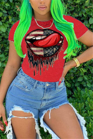 Fashion Lip Print Round Neck T-shirt