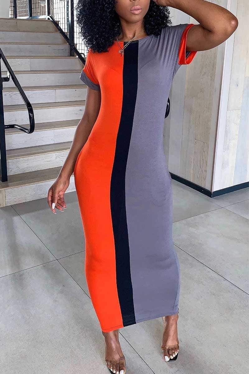 Fashion  Multicolor Round Neck Maxi Dress