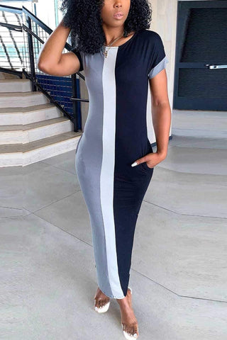 Fashion  Multicolor Round Neck Maxi Dress