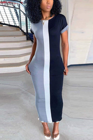 Fashion  Multicolor Round Neck Maxi Dress