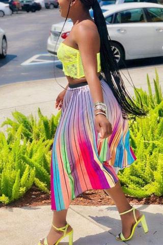 Fashion Print Striped Pleated Multicolor Skirt