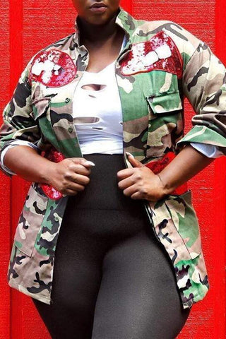 Fashion Stand Collar Camouflage Top