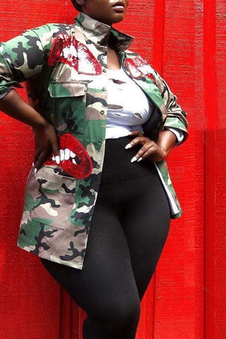 Fashion Stand Collar Camouflage Top
