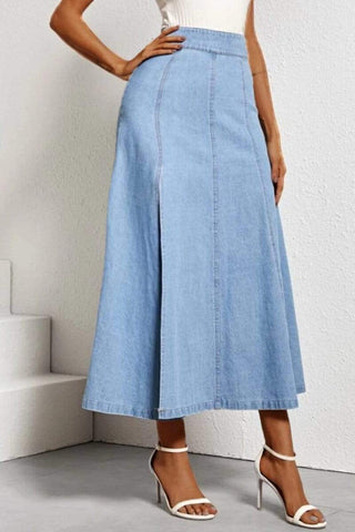Side Slit Denim Solid Color Skirt