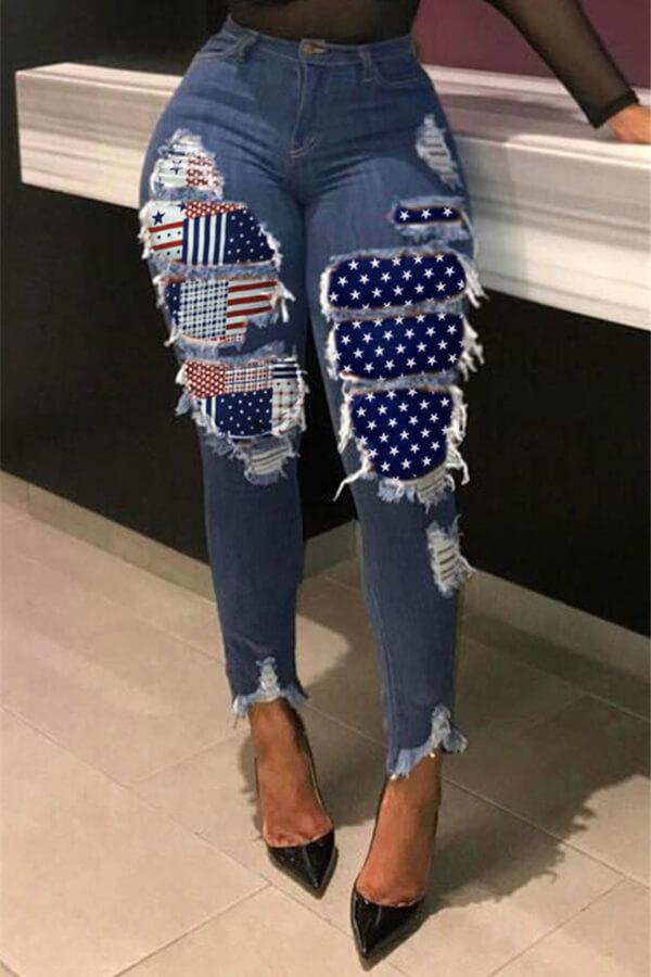 Fashion Casual Regular Patchwork Holes Jeans