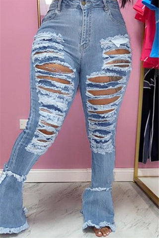 Fashion Casual Regular Broken Hole Flared Jeans