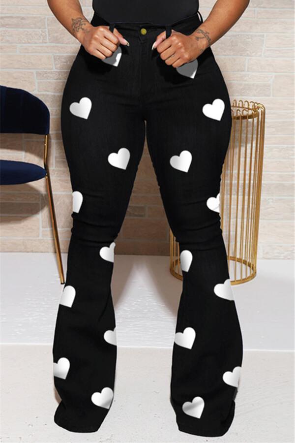 Fashion Casual Heart Print Flared Jeans