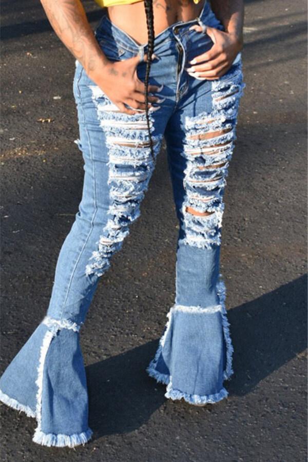 Fashion Casual Regular Broken Hole Flared Jeans
