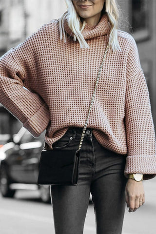 Casual Solid Color High Neck Loose Knit Sweater