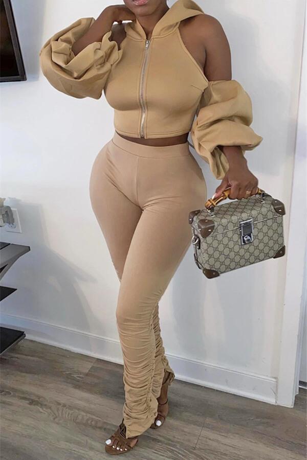 Fashion Casual Hoodie Off The Shoulder Solid Color Two Pieces