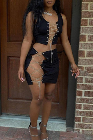 Sexy Chain Strap Sleeveless Vest With Drawstring Skirt Set
