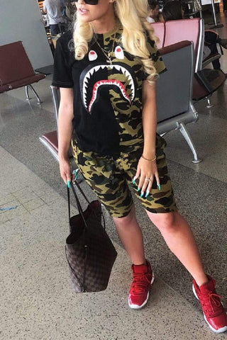 Fashion Shark Mouth Printed T-shirt Set