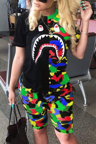 Fashion Shark Mouth Printed T-shirt Set