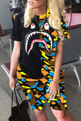 Fashion Shark Mouth Printed T-shirt Set