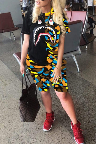 Fashion Shark Mouth Printed T-shirt Set