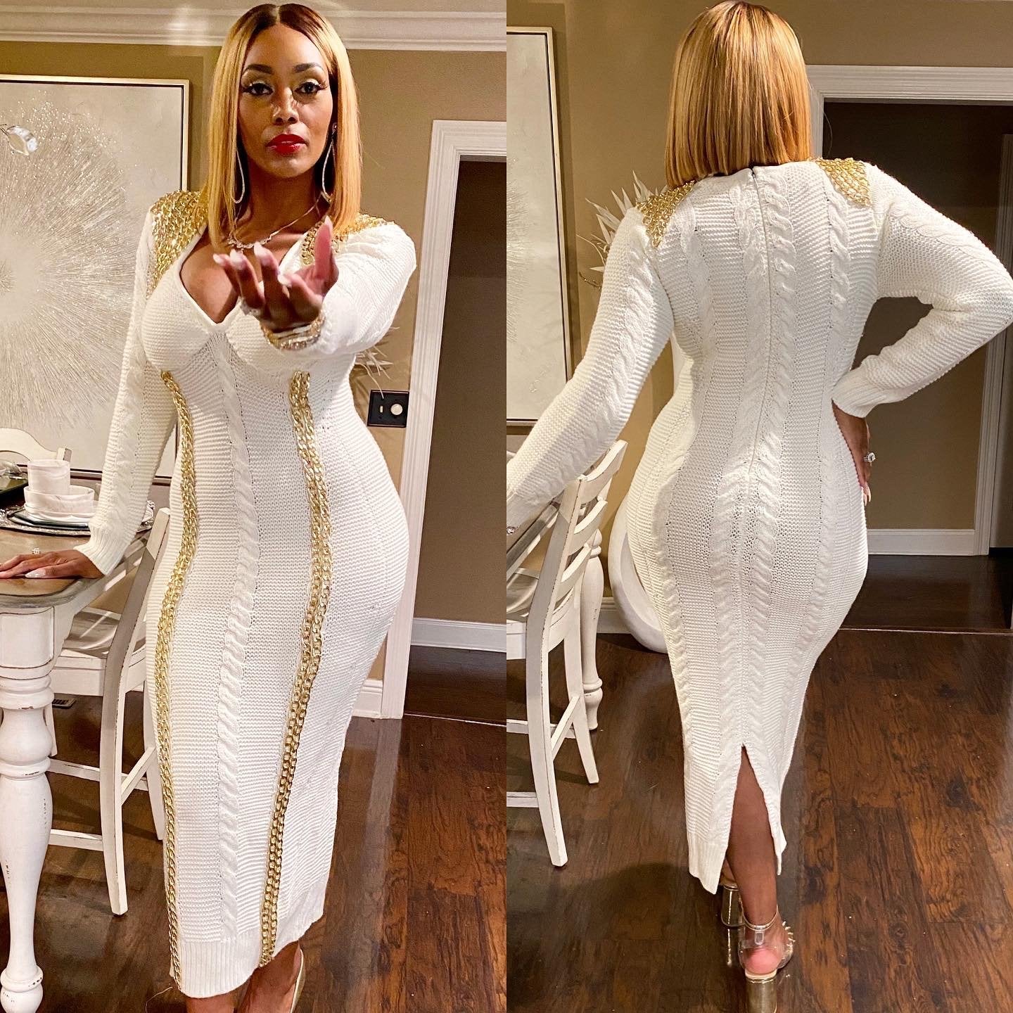 Online-clothing-plus-size-split-joint-long-sleeve-with-golden-chain-knit-sweater-midi-dress