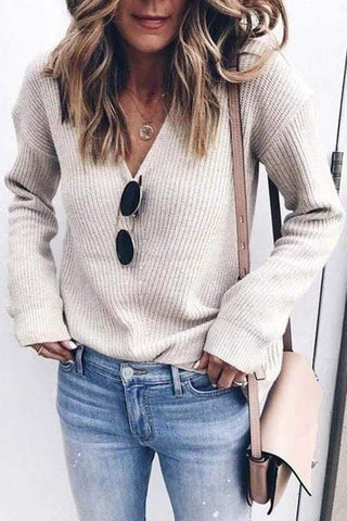 V-Neck Knit Pure Colour Top