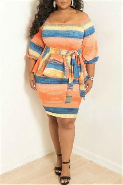 Half Sleeve Bowknot Colorful Stripe Dress