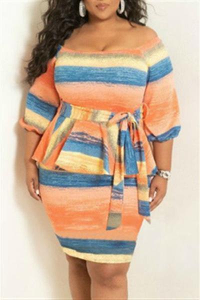 Half Sleeve Bowknot Colorful Stripe Dress