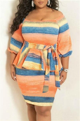 Half Sleeve Bowknot Colorful Stripe Dress