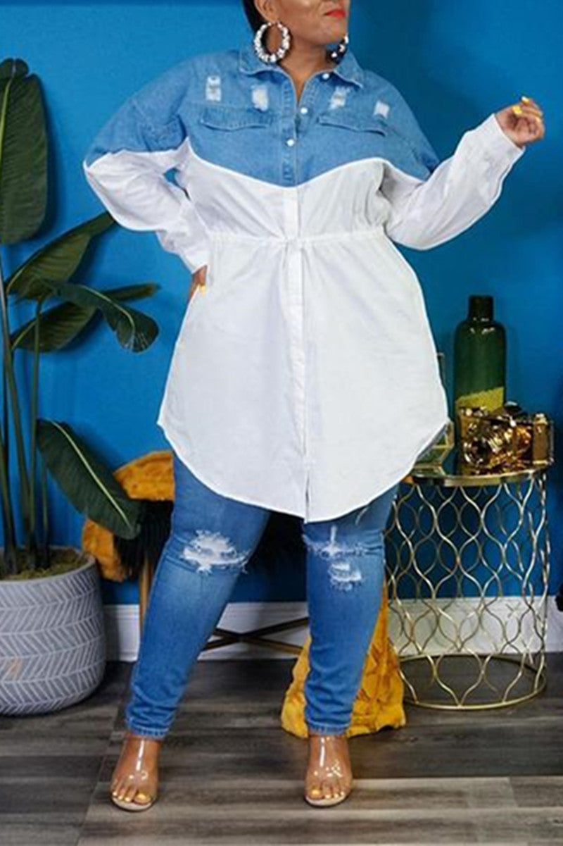 Online-clothing-plus-size-plain-mini-dress-solid-split-joint-turndown-collar-shirt