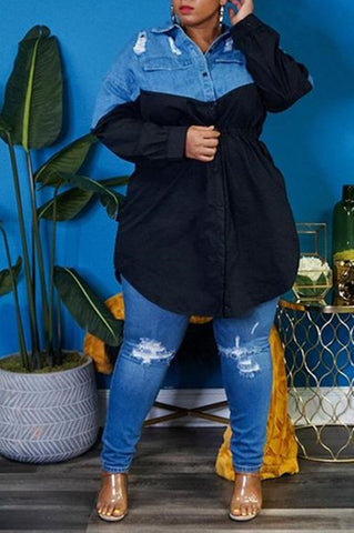 Online-clothing-plus-size-plain-mini-dress-solid-split-joint-turndown-collar-shirt