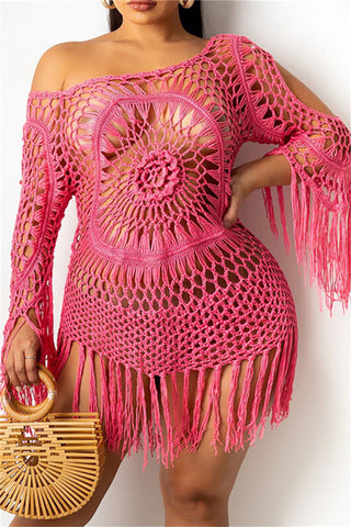 Online-clothing-plus-size-hand-made-black-long-sleeve-sexy-crochet-tassel-dress