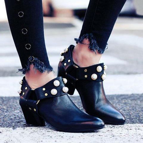Pearl Pointed Toe Ankle Boties Slip-On Women Boots