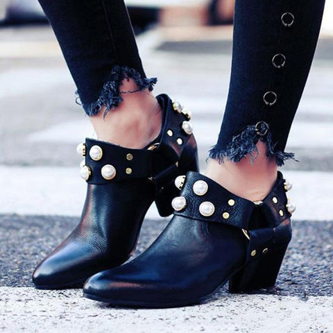 Pearl Pointed Toe Ankle Boties Slip-On Women Boots