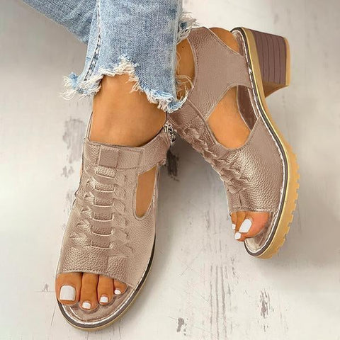 Peep Toe Cutout Zipper Chunky Heeled Sandals
