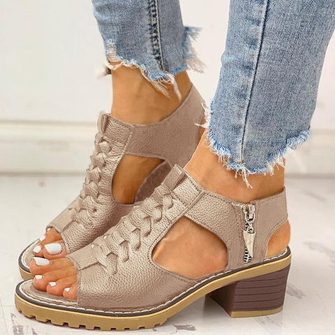 Peep Toe Cutout Zipper Chunky Heeled Sandals
