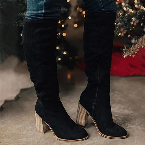 Winter Women Boots Solid Square Knee-High With Heels Ladies Boots