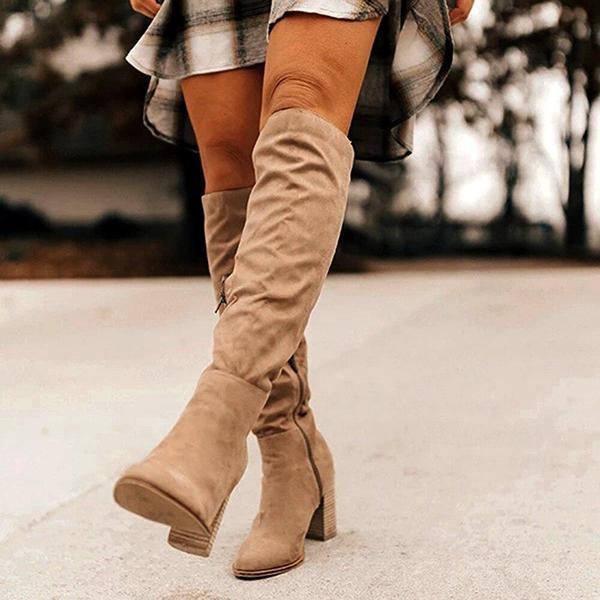 Winter Women Boots Solid Square Knee-High With Heels Ladies Boots